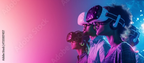 People wearing VR headsets and interacting with friends and family in a virtual social environment,