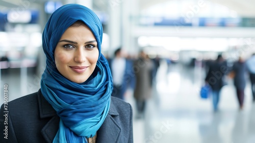 Confident and approachable hijab wearing professional woman in sleek office setting with copy space