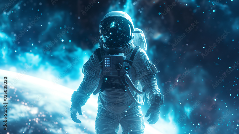 A cyberpunk astronaut floats gracefully amidst the vast expanse of space, surrounded by shimmering stars and distant galaxies
