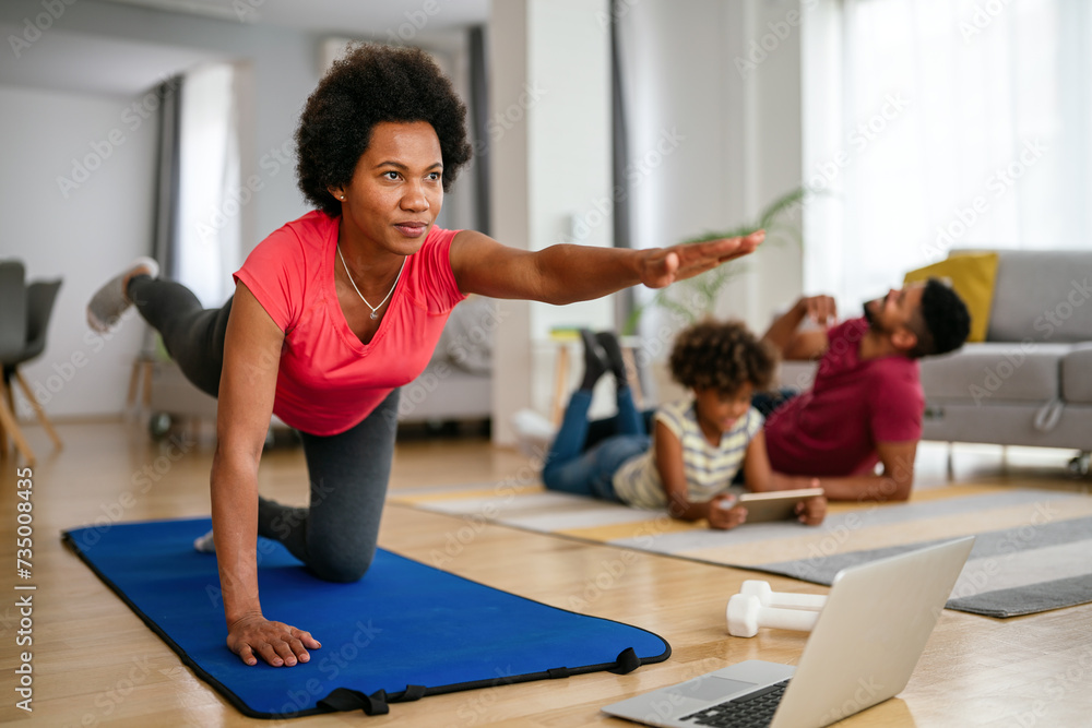 Sport yoga video. Home fitness workout class live streaming online. Happy woman exercise Sport yoga video. Home fitness workout class live streaming online. Happy woman exercise