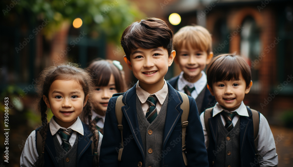 Smiling children in school uniforms, outdoors, looking at camera generated by AI Smiling children in school uniforms, outdoors, looking at camera generated by AI