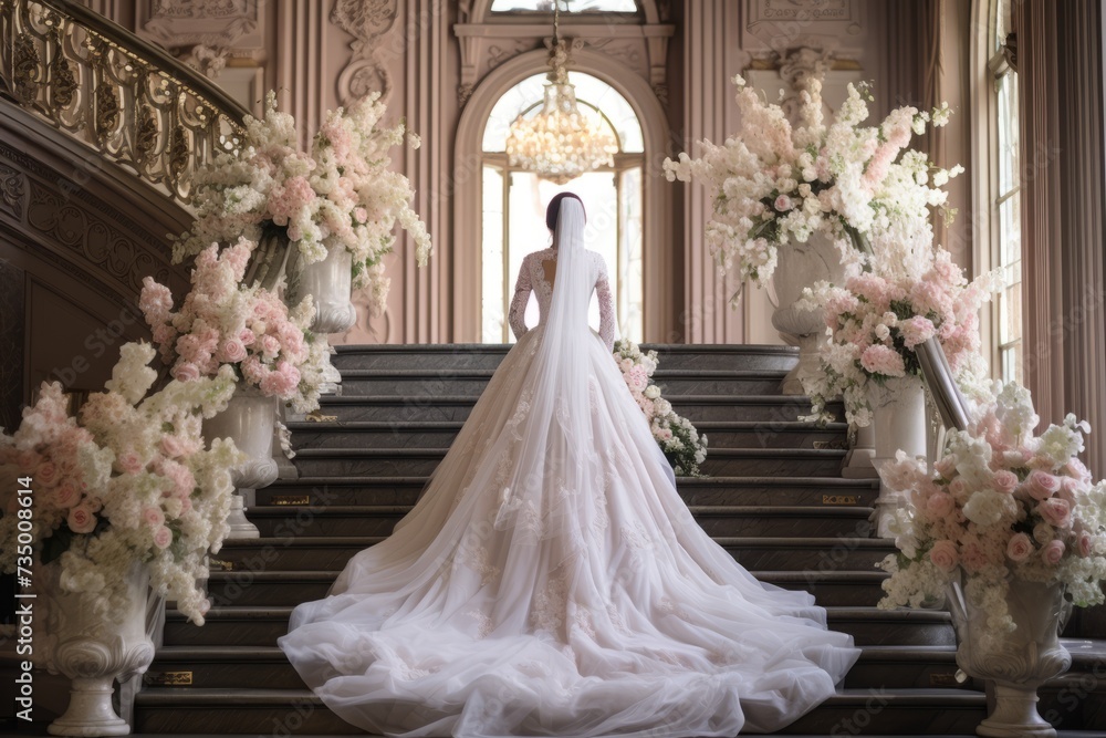 A bride in a beautiful dress on stairs with flowers holding a bouquet