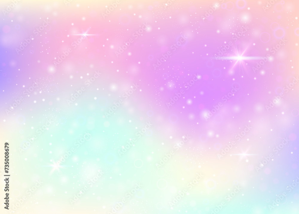 Holographic background with rainbow mesh. Colorful universe banner in princess colors. Fantasy gradient backdrop with hologram. Holographic unicorn background with fairy sparkles, stars and blurs.