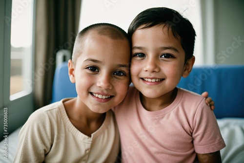 A close-up portrait of two hugging sisters in a hospital room, one girl is bald after chemotherapy. Two little girls hug and look at the camera. The concept of childhood incurable diseases. photo