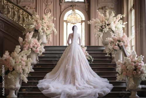 A bride in a beautiful dress on stairs with flowers holding a bouquet