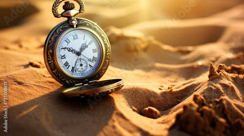 Vintage pocket watch on sand, old picture style.