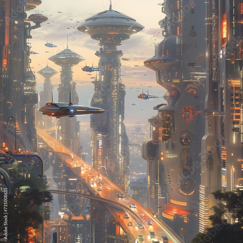 Futuristic Cityscape at Twilight with Hovering Vehicles and Skyscrapers