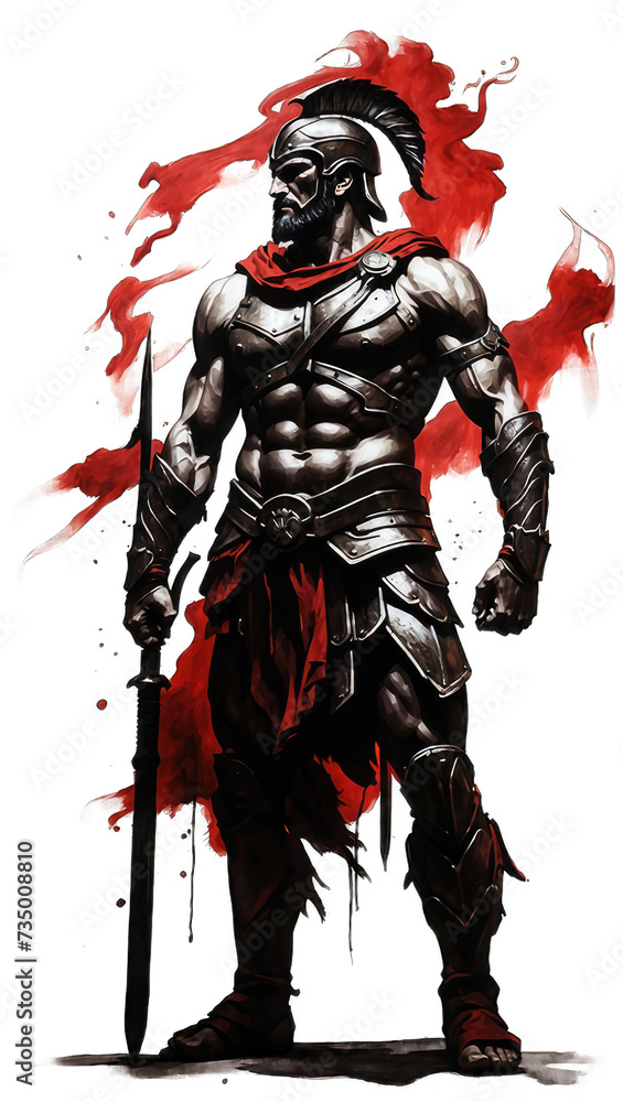 Spartan Warrior with a spear in amour ink painting illustration