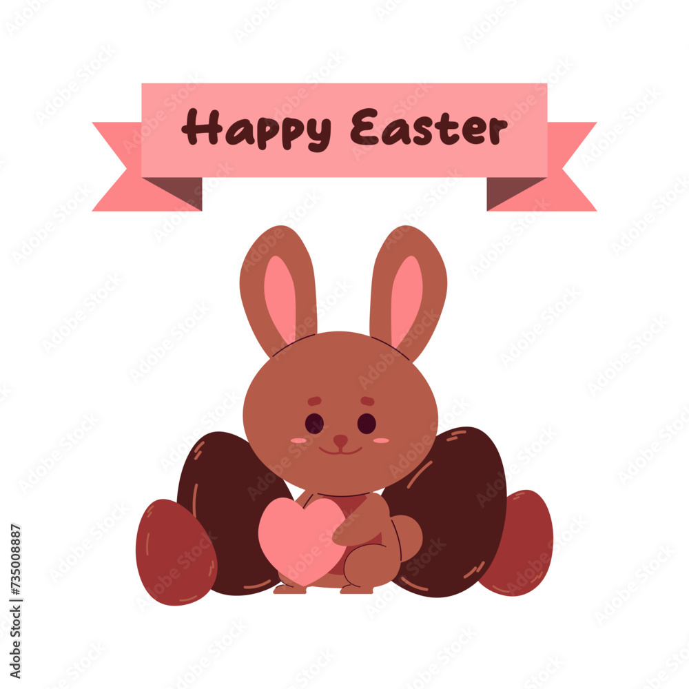 banner Happy Easter. Chocolate bunny with eggs. Vector flat illustration banner Happy Easter. Chocolate bunny with eggs. Vector flat illustration