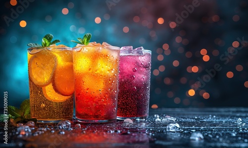 Drinks with berries and ice cubes on a blue background.
