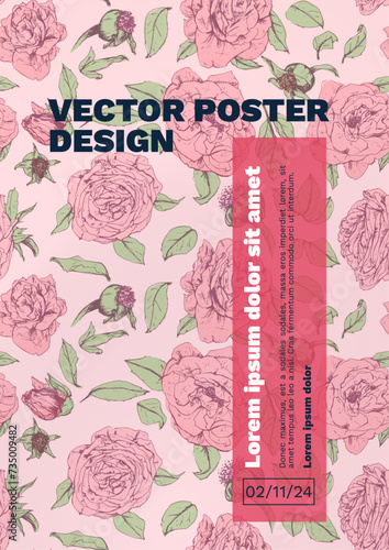 Diseño de poster con rosas, motivos florales vintage. Ilustración vectorial de flores, rosas vintage. Recurso grafico, plantilla para poster, cartel, tarjetas de felicitación