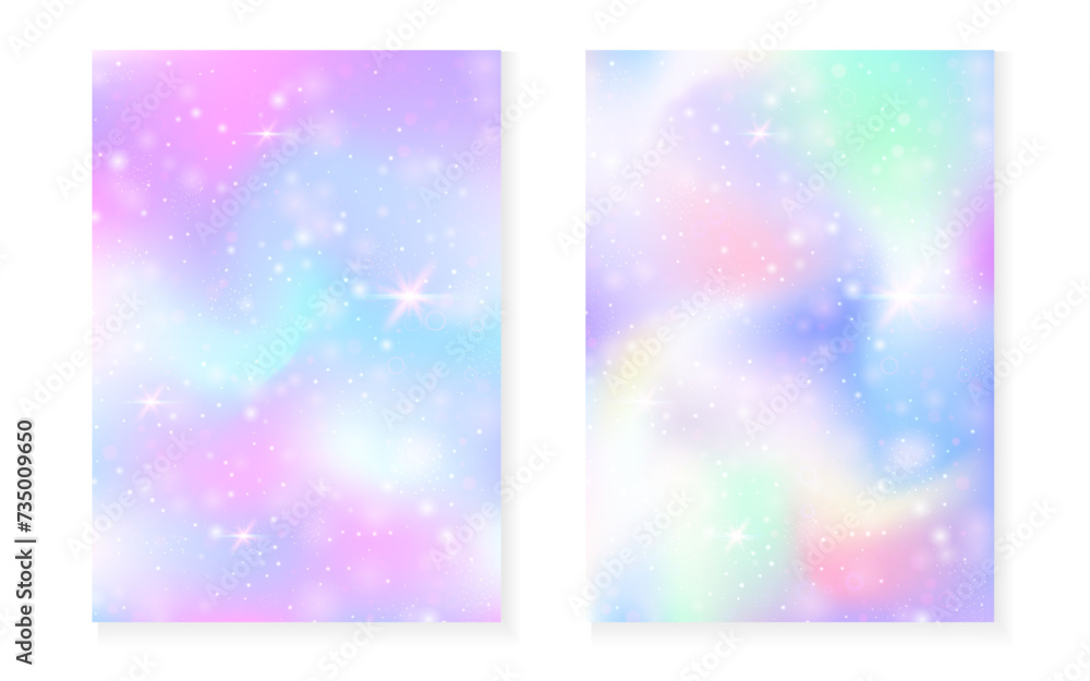 Magic background with princess rainbow gradient. Kawaii unicorn hologram. Holographic fairy set. Bright fantasy cover. Magic background with sparkles and stars for cute girl party invitation.