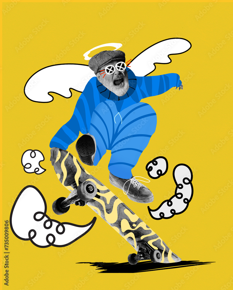 Naklejka premium Energetic senior emotional man in blue clothes riding on skateboard against yellow background with doodles. Contemporary art collage. Concept of aging, fashion, surrealism, acceptance. Colorful poster
