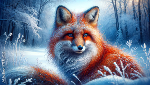 An enchanting digital art depiction of a red fox in a snowy forest  with vivid blue eyes and lush fur highlighted by the frosty environment.Animal representation concept.AI generated.