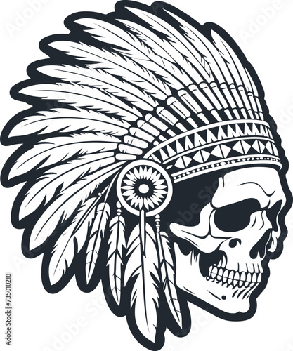 American indian skull in traditional headdress, vector illustration