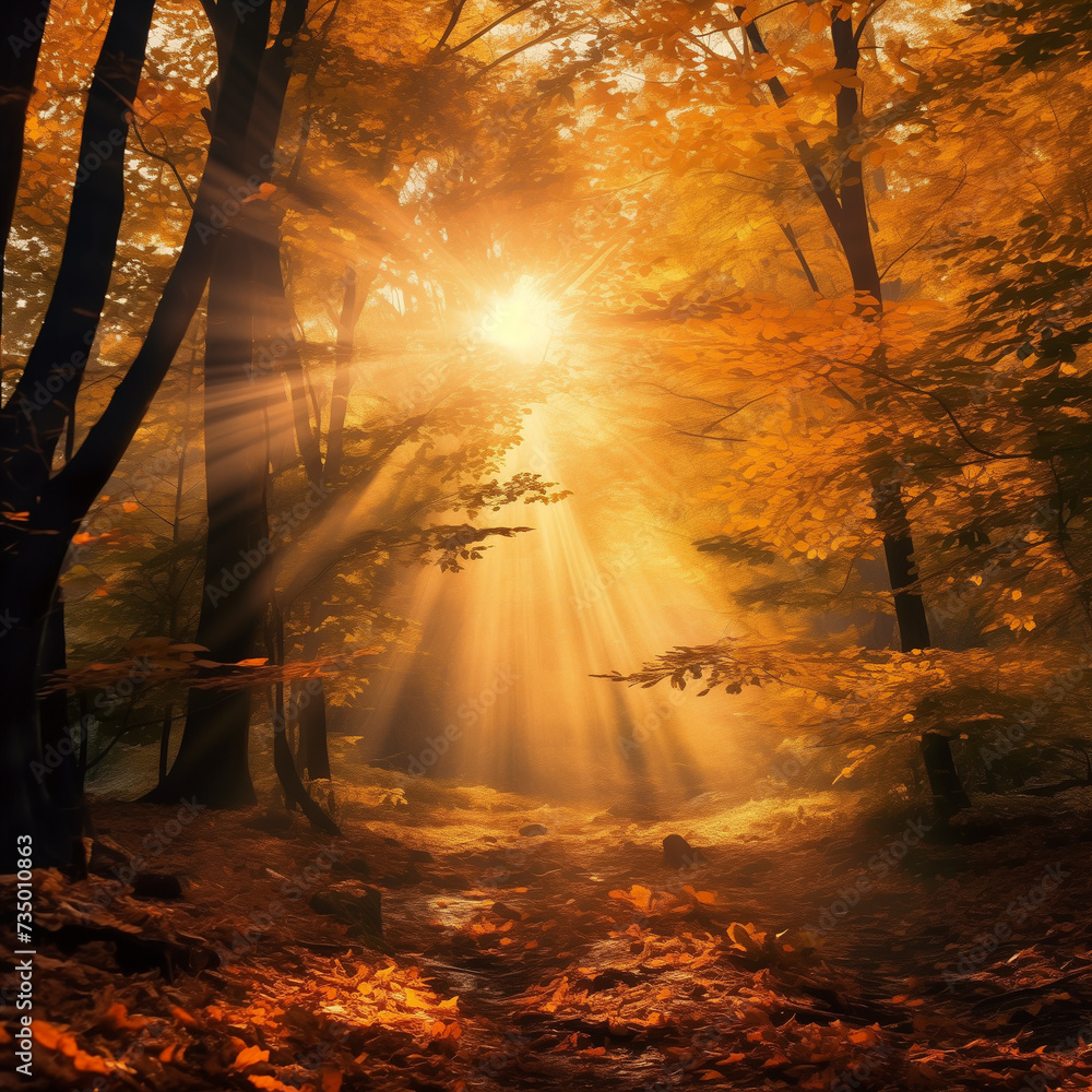 Radiant autumn leaves in a peaceful forest, where the changing colors of the foliage create a warm and inviting atmosphere. Sunlight filters through the canopy, casting a golden glow Radiant autumn leaves in a peaceful forest, where the changing colors of the foliage create a warm and inviting atmosphere. Sunlight filters through the canopy, casting a golden glow