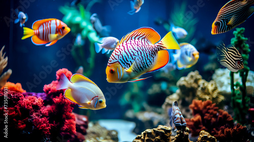 Tropical colorful fish in an aquarium with seaweed. High quality photo