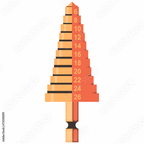 Conical step stage drill bit for metal and wood vector cartoon illustration isolated on a white background.