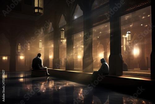 Two Muslim men praying inside the mosque at night. 3D rendering. islamic faith. prayer hall.