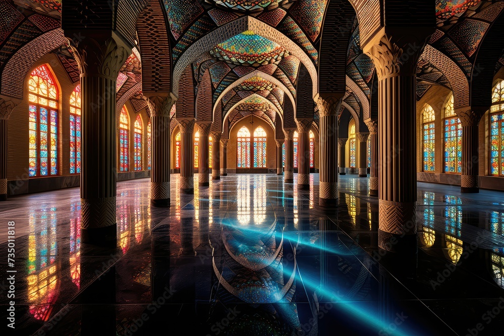 Interior of a elegant Mosque. Colorful stained glass windows in the mosque. Islamic architecture.