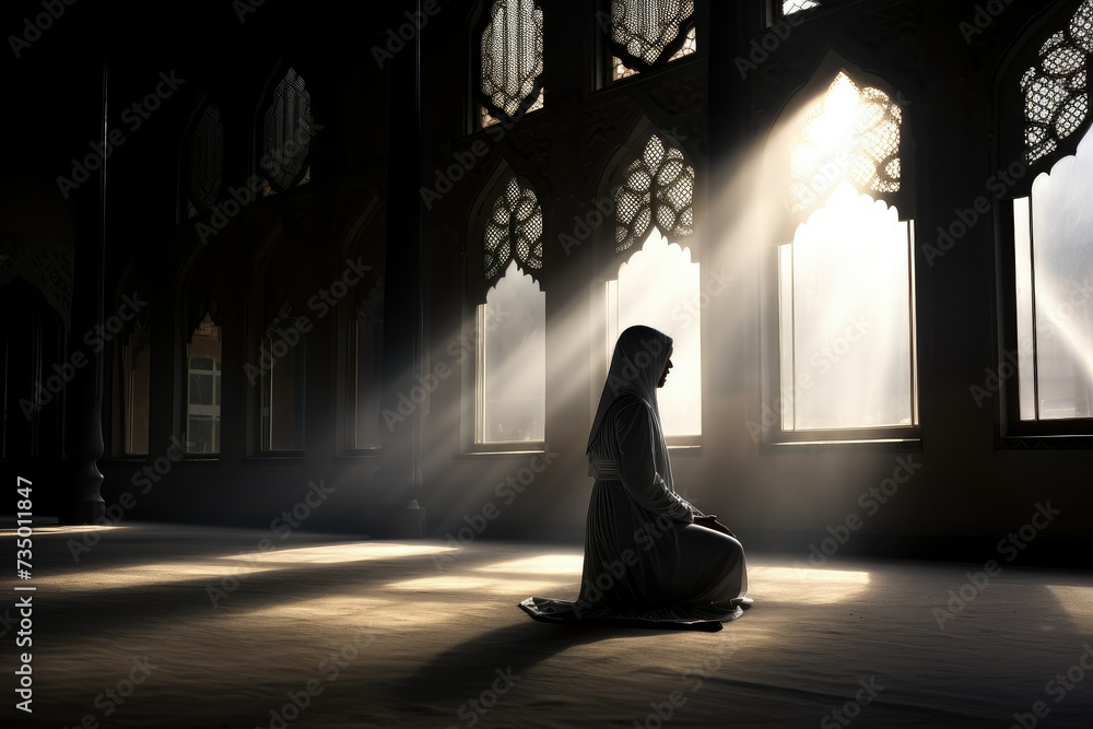 Muslim woman praying in the mosque with rays of light coming through the window. spirituality. prayer place. islamic faith. religious acts. - obrazy, fototapety, plakaty 