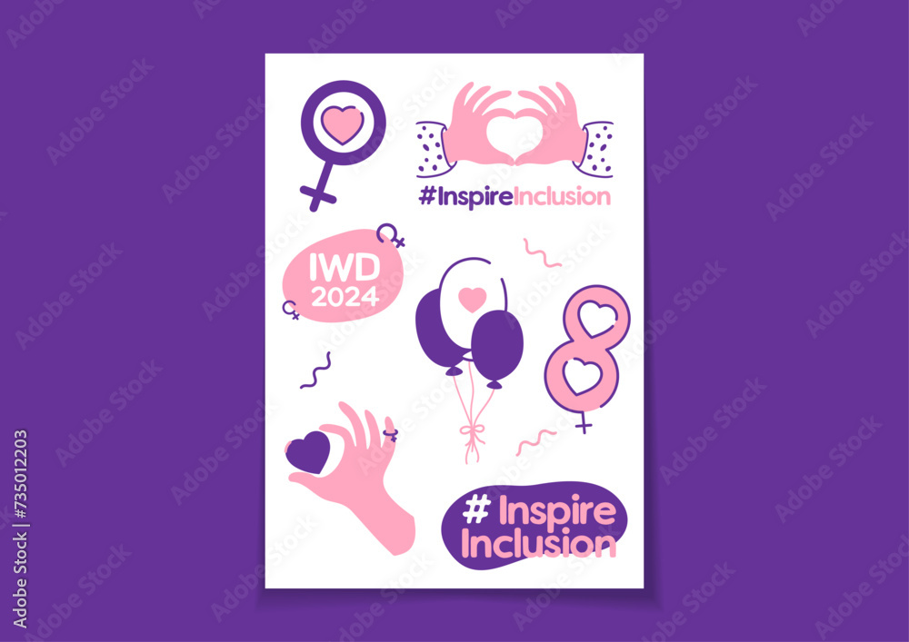 A set of stickers for a social event - #Inspireinclusion. 2024 International Women's Day. Female symbols, attributes: the shape of a heart hands, venus mirror. Vector illustration. A set of stickers for a social event - #Inspireinclusion. 2024 International Women's Day. Female symbols, attributes: the shape of a heart hands, venus mirror. Vector illustration.