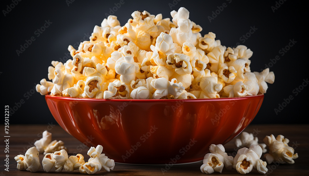 Fresh popcorn in wooden bowl, perfect movie theater snack generated by AI Fresh popcorn in wooden bowl, perfect movie theater snack generated by AI