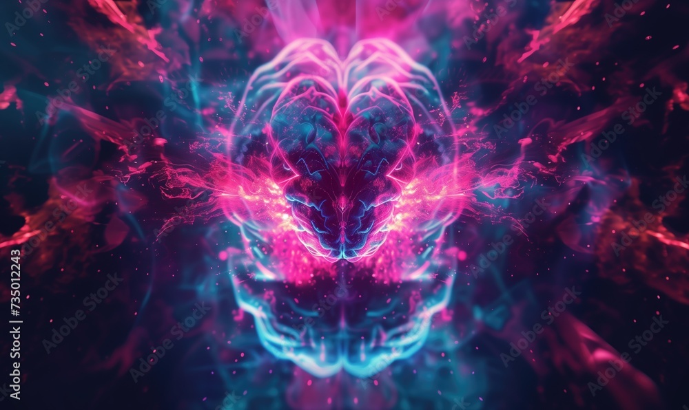 Glowing human or robotic futuristic brainstorm brain in cyberspace on dark navy  digital background as a symbol of future artificial intelligence learning technology - obrazy, fototapety, plakaty 