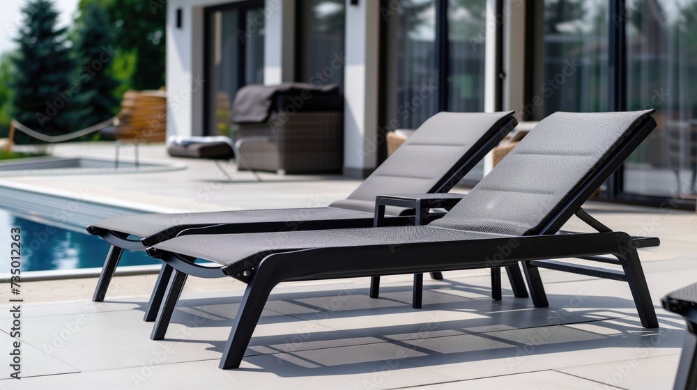 This image captures a tranquil scene of two sun loungers by a swimming pool, suggesting a relaxing outdoor space perfect for enjoying warm weather.