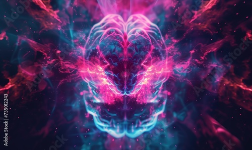 Glowing human or robotic futuristic brainstorm brain in cyberspace on dark navy  digital background as a symbol of future artificial intelligence learning technology photo