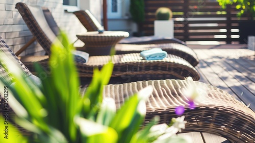Several loungers with comfortable cushions bask in sunlight on a peaceful patio surrounded by lush greenery, inviting relaxation.