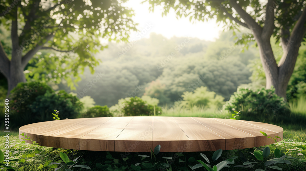 Tree Table wood Podium in farm display for food, perfume, and other products on nature background