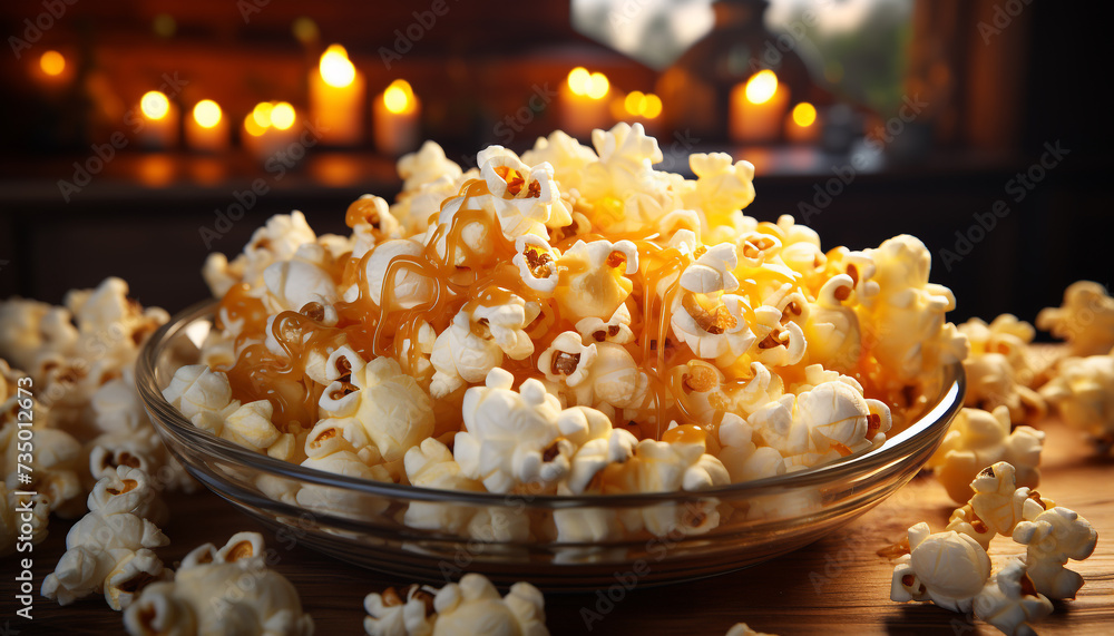 Fresh popcorn in a yellow bowl, perfect movie night snack generated by AI Fresh popcorn in a yellow bowl, perfect movie night snack generated by AI