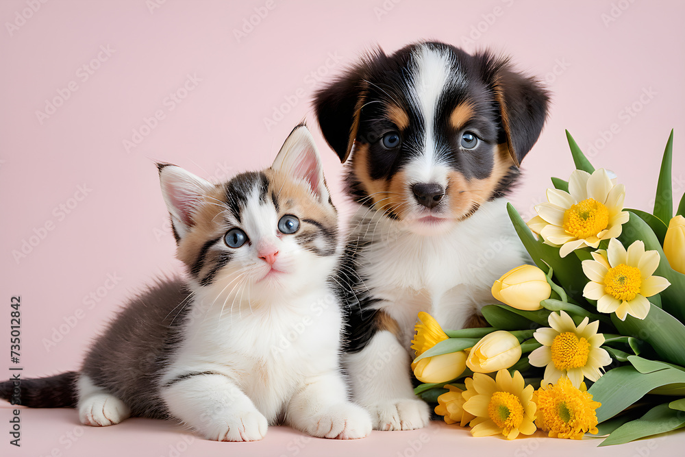 A puppy and a kitten smiling with a bouquet of flowers. Generative AI