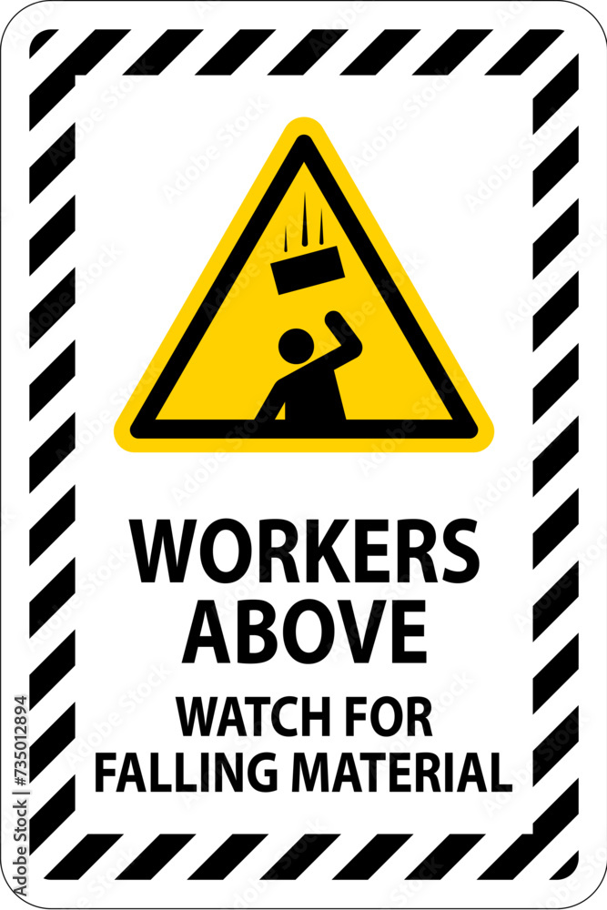 Obraz premium Danger Sign, Workers Above Watch For Falling Material
