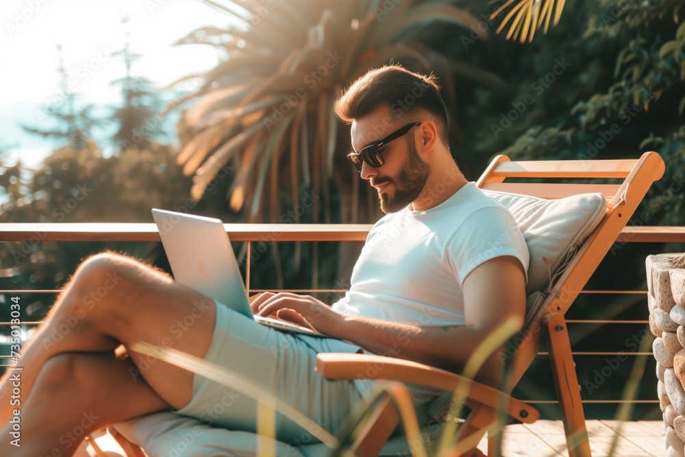 A young man in casual summer attire is seated on a wooden deck chair, engrossed in his work on a laptop, surrounded by lush tropical vegetation with sun rays filtering through.