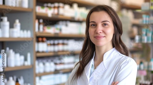 A professional female pharmacist stands with a friendly smile, exuding confidence and readiness to assist in a well-stocked pharmacy.
