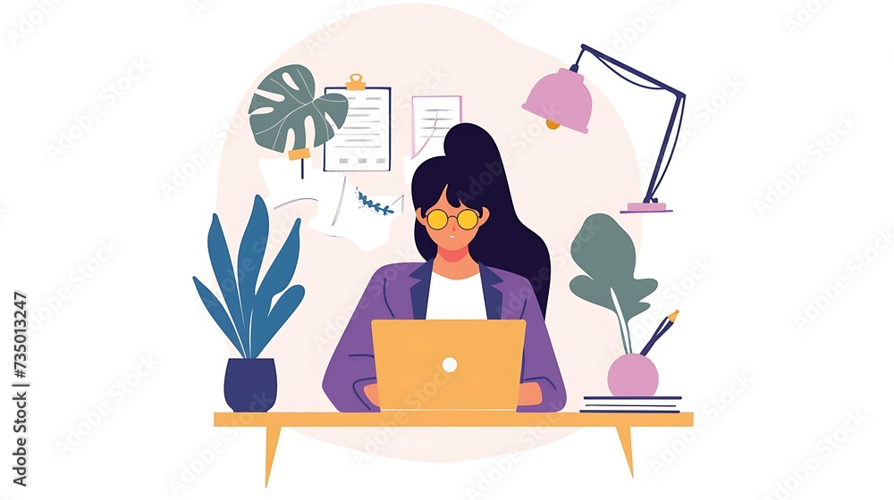 Woman Sitting at Desk With Laptop. Generative AI. Woman Sitting at Desk With Laptop. Generative AI.