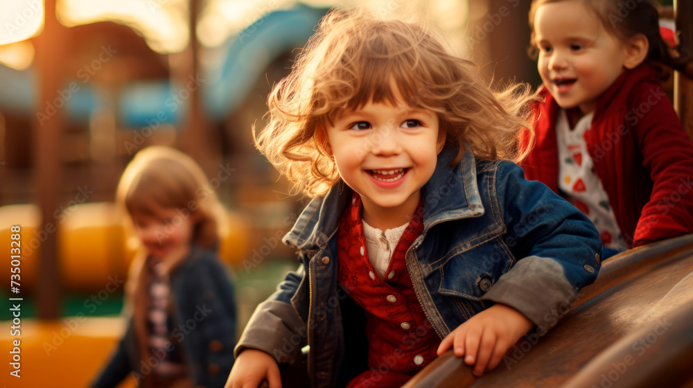 A happy child with sparkling eyes and a beaming smile revels in sliding down a colorful playground slide, the golden sunlight casting a warm glow on the happy moment. A happy child with sparkling eyes and a beaming smile revels in sliding down a colorful playground slide, the golden sunlight casting a warm glow on the happy moment.