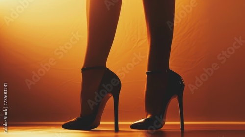 This image captures the silhouette of a womans legs in stiletto heels against a warm, glowing orange backdrop, suggesting a sunset or golden hour setting.