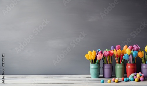 grey table background with coloring pencils, easter decor, flat with generative ai