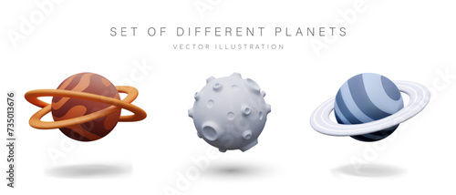 Set of realistic vector planets with craters, belts, spots and lines