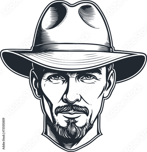 Cowboy with hat, engraving style, vector illustration