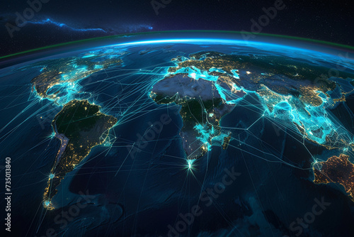 Superimposed upon a satellite image of the Earth, data visualizations intricately depict the complex web of international trade routes and global business networks