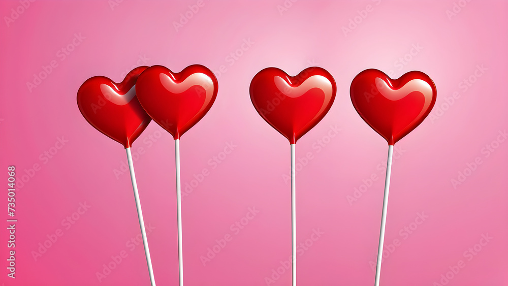 Heart-shaped lollipops and heart-shaped candy on a stick against a pink background