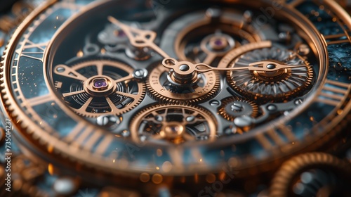 Detailed close up of a watch showcasing intricate gears and Roman numerals