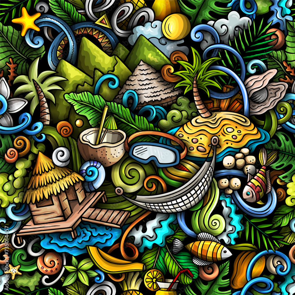Cartoon doodles Bora-Bora island seamless pattern