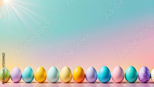colorful Easter eggs and on light pastel background copy space. Easter eggs border