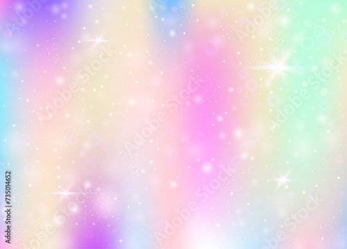 Unicorn background with rainbow mesh. Cute universe banner in princess colors. Fantasy gradient backdrop with hologram. Holographic unicorn background with magic sparkles, stars and blurs.