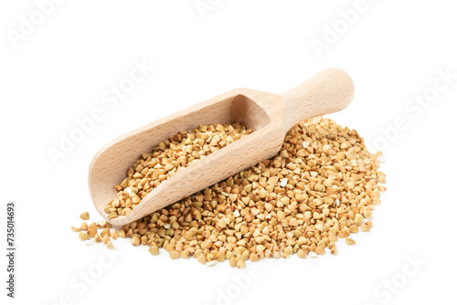 Green buckwheat in a wooden spoon isolated on a white background. Superfood. Raw buckwheat porridge. Healthy vegan food, eco products, diet, organic.